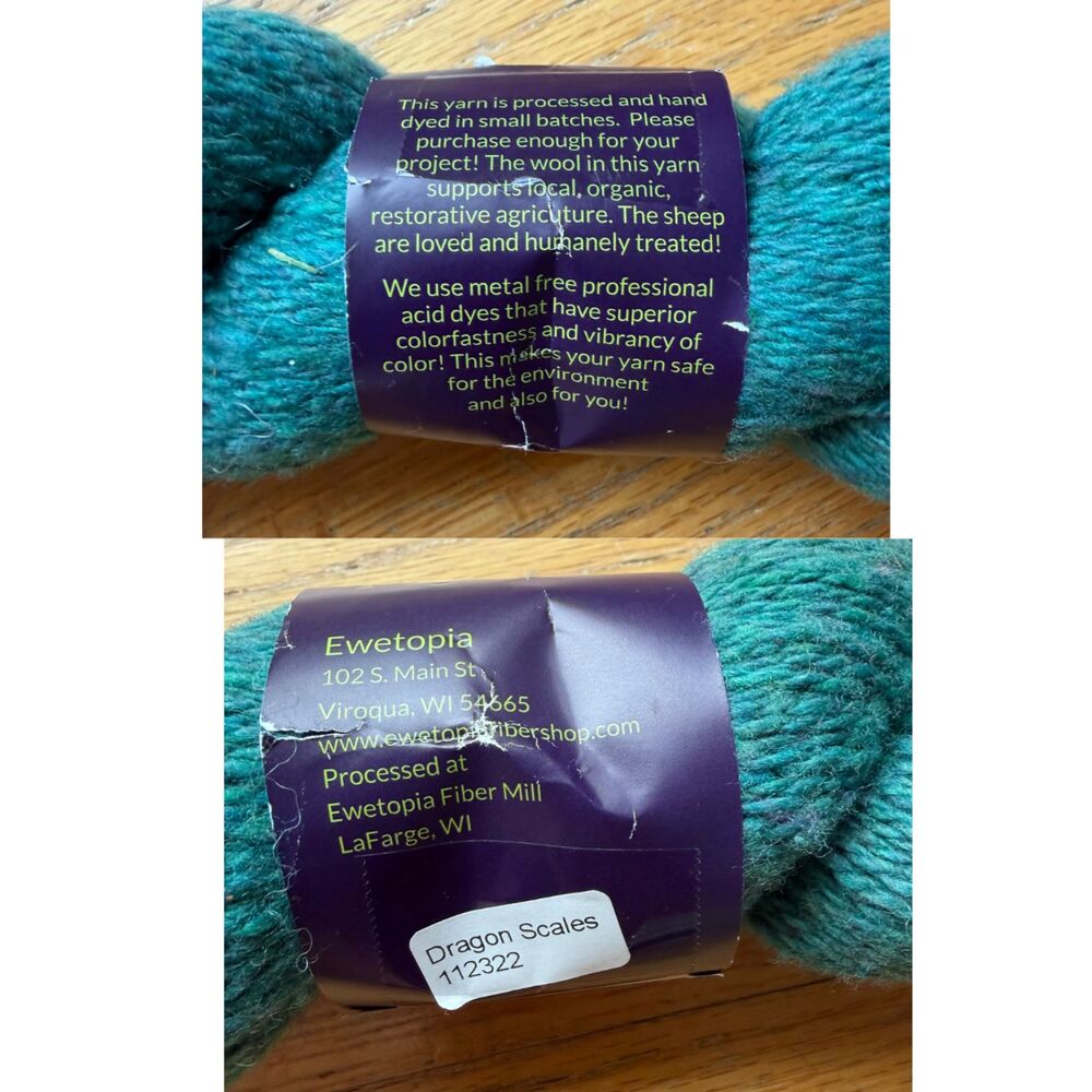 Ewetopia Sustainawool DK Hand Dyed Dragon Scales Blue/Green 230 yd Wool Yarn - Picture 4 of 4